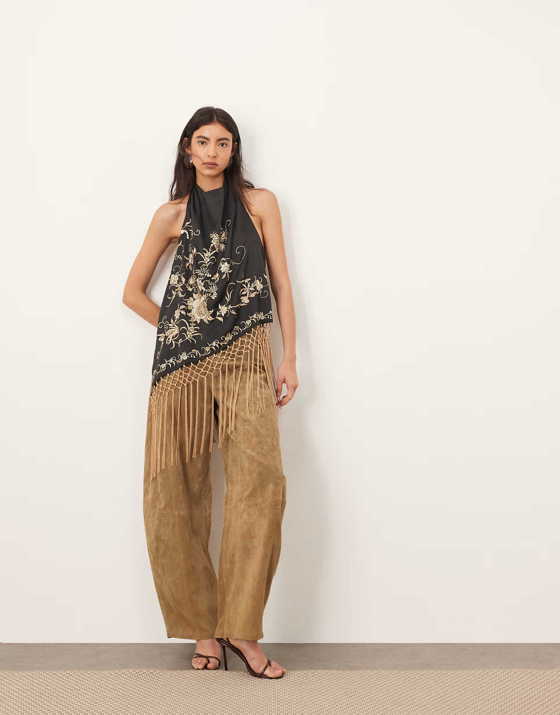 ARRANGE embroidered halterneck asymmetric fringe hem longline top in black | ASOS (Global)