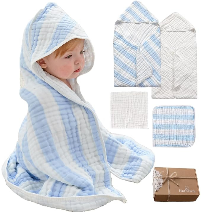 Organic Muslin Hooded Baby Bath Towel 4pc for Newborn - Blue Stripe | Features two 6-layer 32x32"... | Amazon (US)