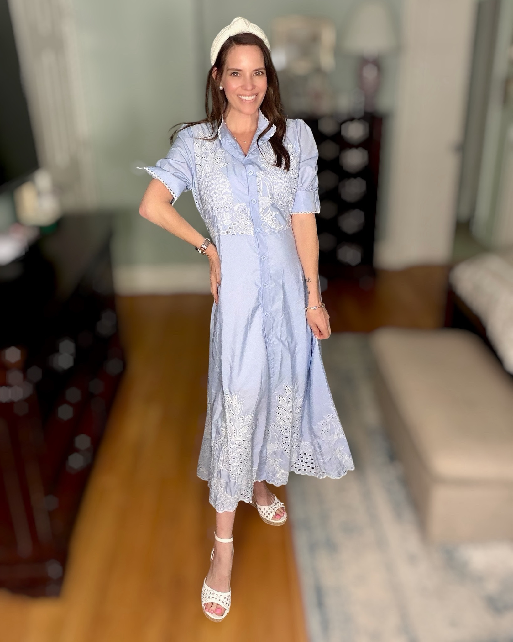 Blue Eyelet Midi Dress Outfit with Espadrille Wedges 🤍💙

Such a pretty feminine look for spring and summer 🤍 This light blue embroidered eyelet midi dress is 100% cotton and so breathable—perfect for brunch, showers, or church. I paired it with neutral espadrille wedges, pearl studs, and a classic headband for an easy polished outfit 💙

Love how the delicate embroidery and scalloped hem give it that elevated, Tuckernuck-inspired feel without the price tag ✨ Everything runs true to size and is super comfortable for all-day wear!

Blue eyelet dress, embroidered midi dress, summer outfit idea, feminine style, espadrille wedges outfit, classic preppy style, affordable fashion find, Amazon dress, spring outfit inspiration, brunch outfit, shower dress, coastal style, Mother’s Day dress, Mother’s Day outfit, brunch outfit, shirt dress, grandmillennial dress 

#LTKOver40 #LTKMothersDay #LTKSeasonal