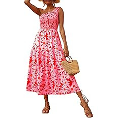 BTFBM Women One Shoulder Sleeveless Casual Summer Dresses 2023 Smocked High Waist Floral Flowy Be... | Amazon (US)