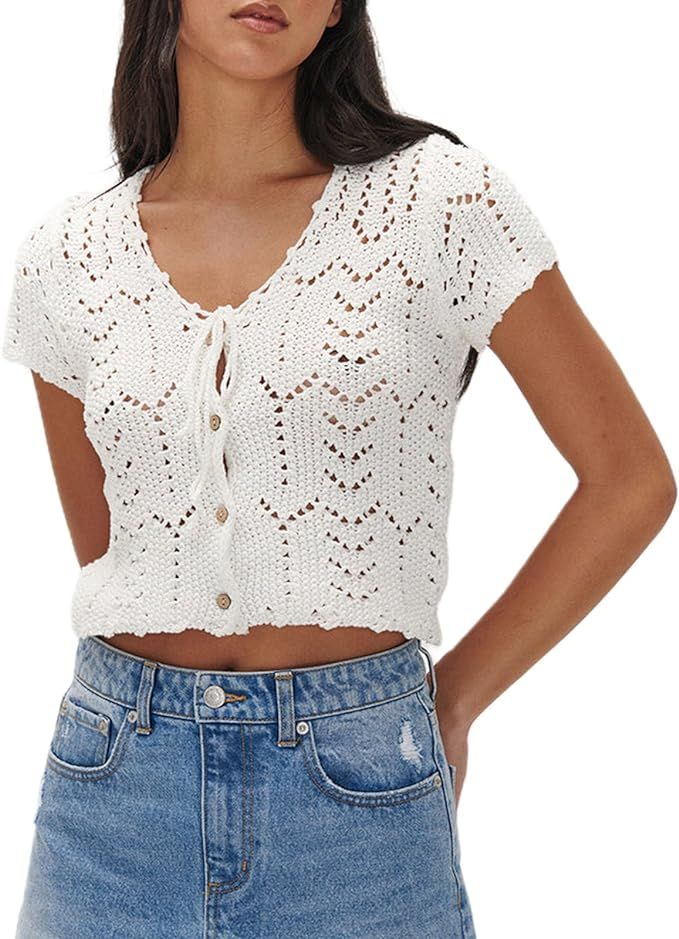 Crochet Tops for Women Knitted Summer Vest Hollow Out Button Down Shirts Short Sleeve Crop Tops F... | Amazon (US)