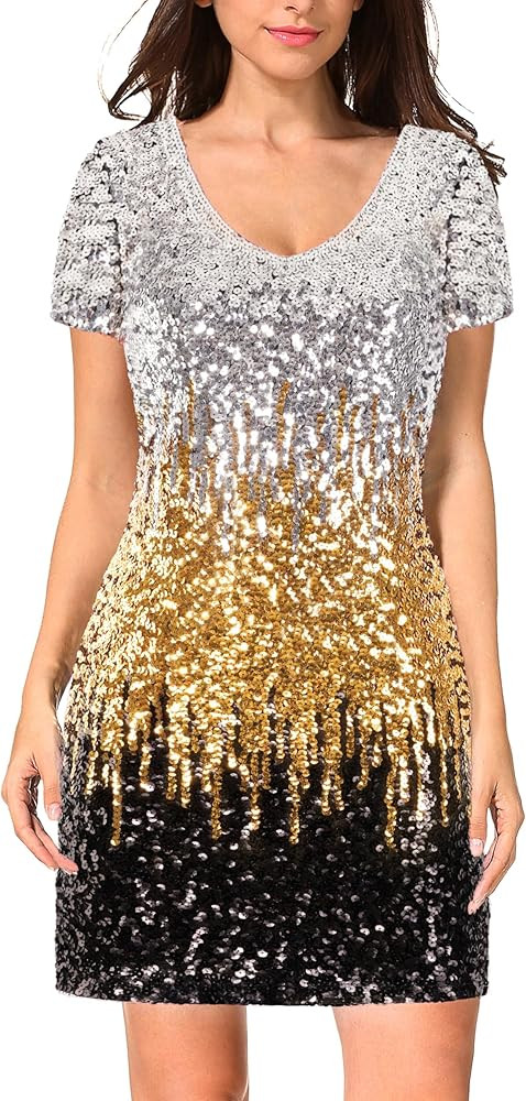 MANER Women's Sequin Glitter Short Sleeve Dress Sexy V Neck Mini Party Club Bodycon Dresses | Amazon (US)