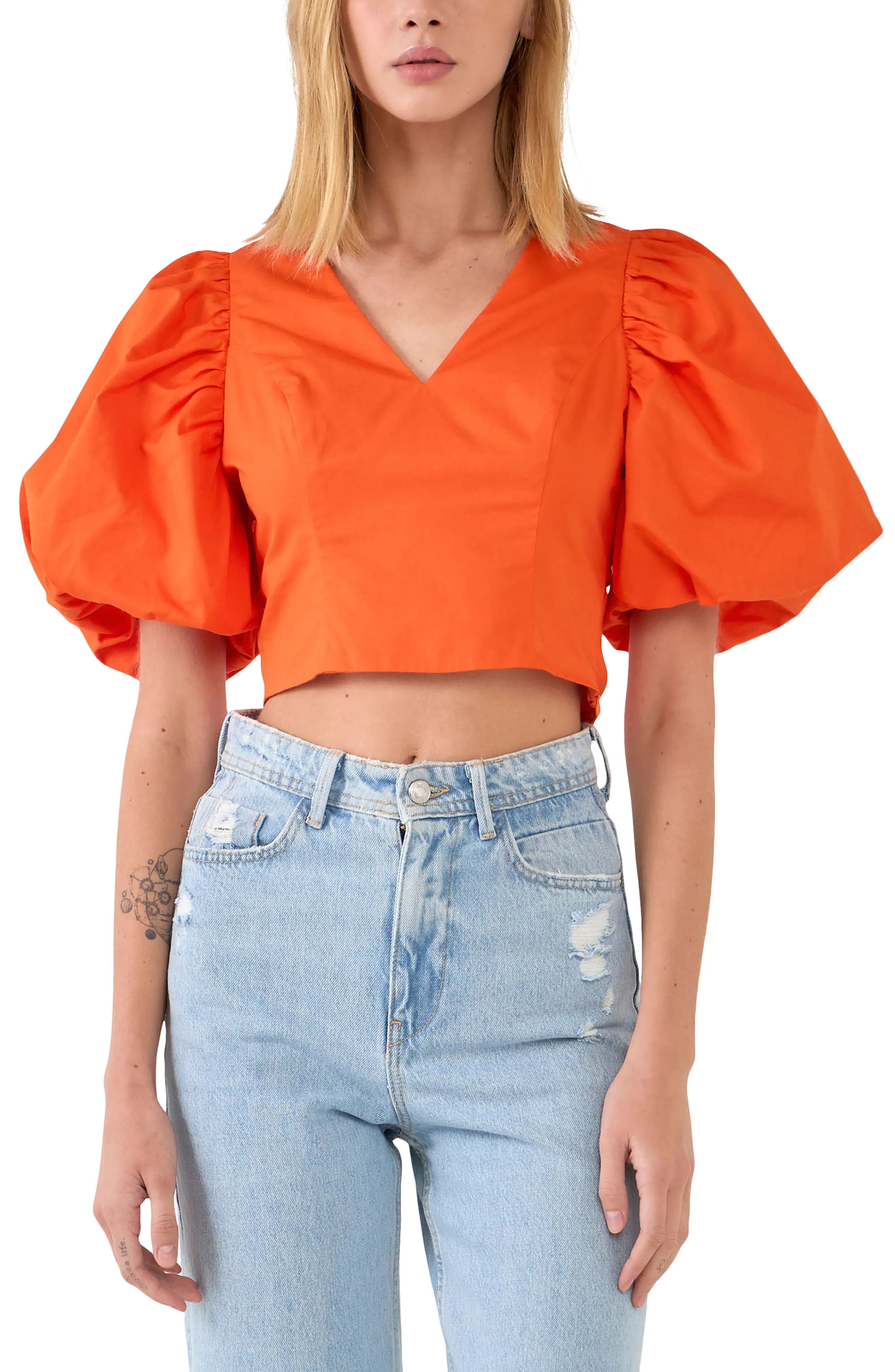 Endless Rose Tie Back Puff Sleeve Top in Orange at Nordstrom, Size Small | Nordstrom