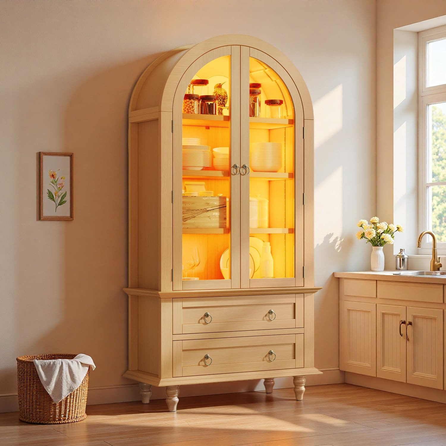 YITAHOME Arched Glass Display Cabinet with RGB LED Lights, Pantry Cabinet with 2 Large Drawers, M... | Amazon (US)