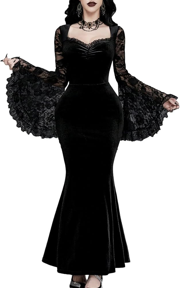 Women Gothic Sexy Lace Patchwork Sleeve Fishtail Velvet Goth Dress Without Choker & Umbrella | Amazon (US)