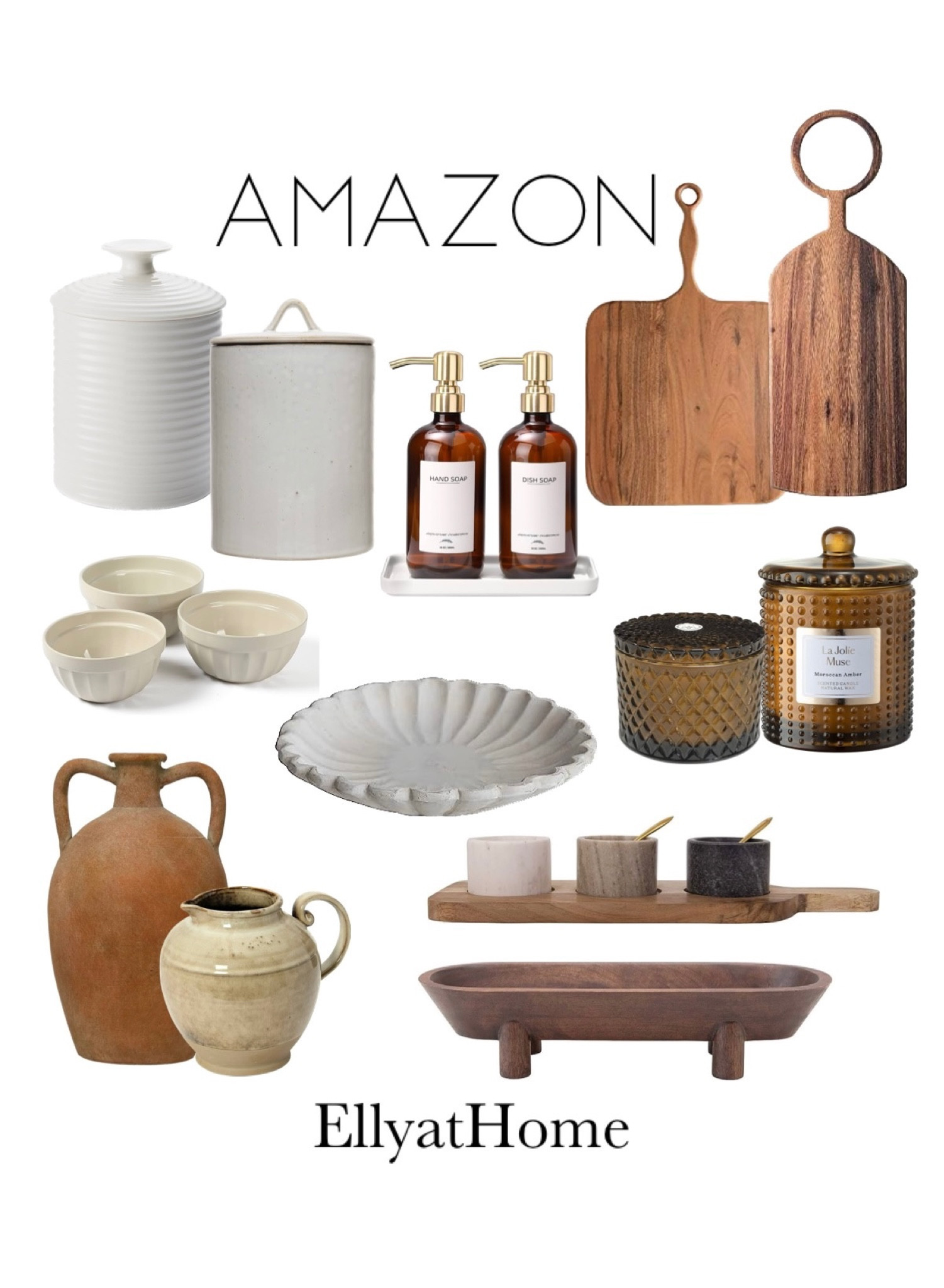 Amazon home fall styling. Neutral styling with wood boards, bowl, condiments set, canisters, fall candles, scalloped bowl, vintage vases, soap dispensers, small bowl set. Kitchen accessories, neutral home decor. 

#LTKunder50 #LTKFind #LTKhome