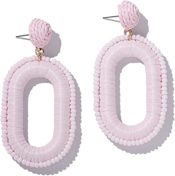 Beaded Raffia Boho Earrings - Cute Seed Bead Square Drop Dangle Earrings for Summer | Amazon (US)
