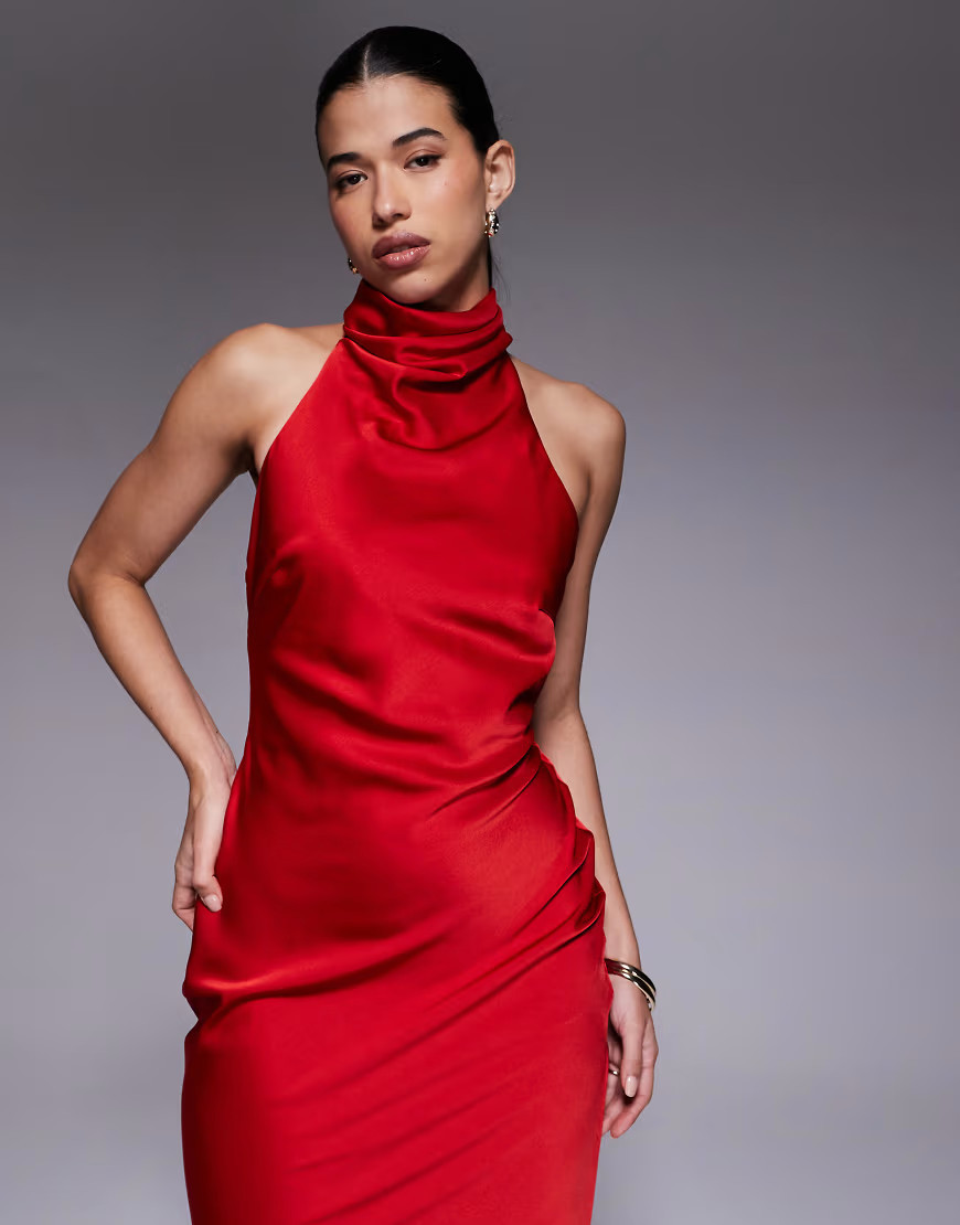 Jarlo halter neck satin midi dress in red | ASOS (Global)