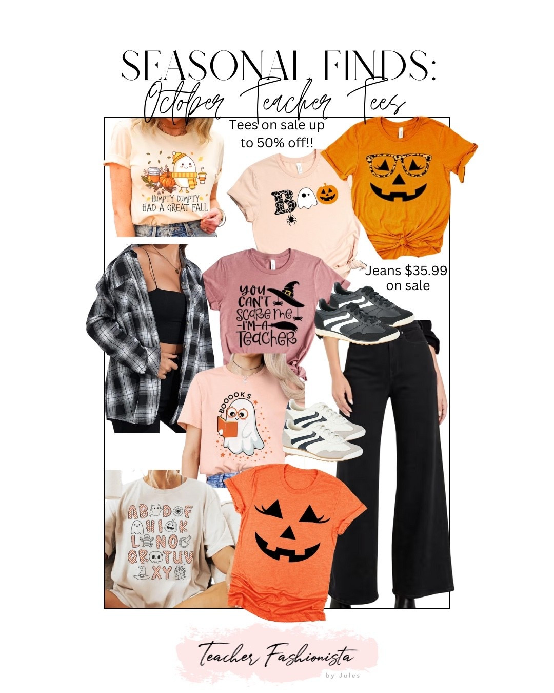 Cute fall teacher tshirts for October / Halloween with pumpkins, jack-o’-lanterns, “Boo!”, and ABCs! The Old Navy wide leg baggy jeans are on sale today too! Throw on a flannel or cardigan with these cute tees😍

#LTKSeasonal #LTKHalloween #LTKFindsUnder50