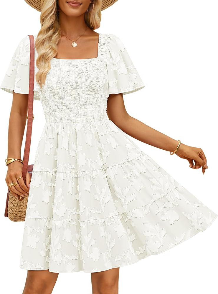 ZESICA Mini vestido de verano bohemio floral 2026 casual de manga corta cuello cuadrado swing pla... | Amazon (US)