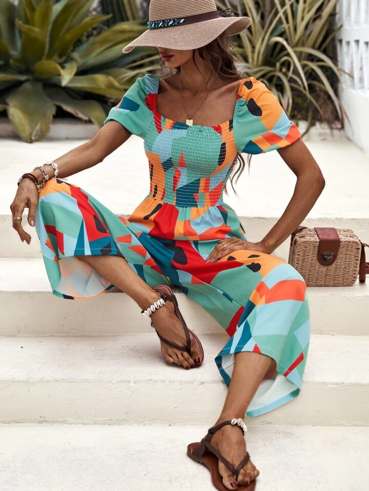 Random Color Block Shirred Puff Sleeve Wide Leg Jumpsuit | SHEIN