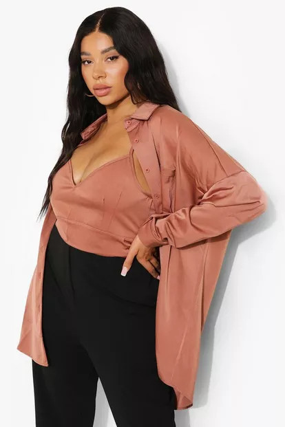 Plus Satin Bralette & Shirt Set | Boohoo.com (US & CA)