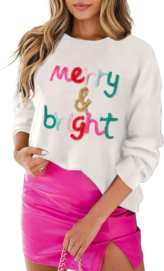 LEMAFER Women 2024 Merry Christmas Round Neck Sequin Letters Sweater Casual Solid Slogan Long Sle... | Amazon (US)