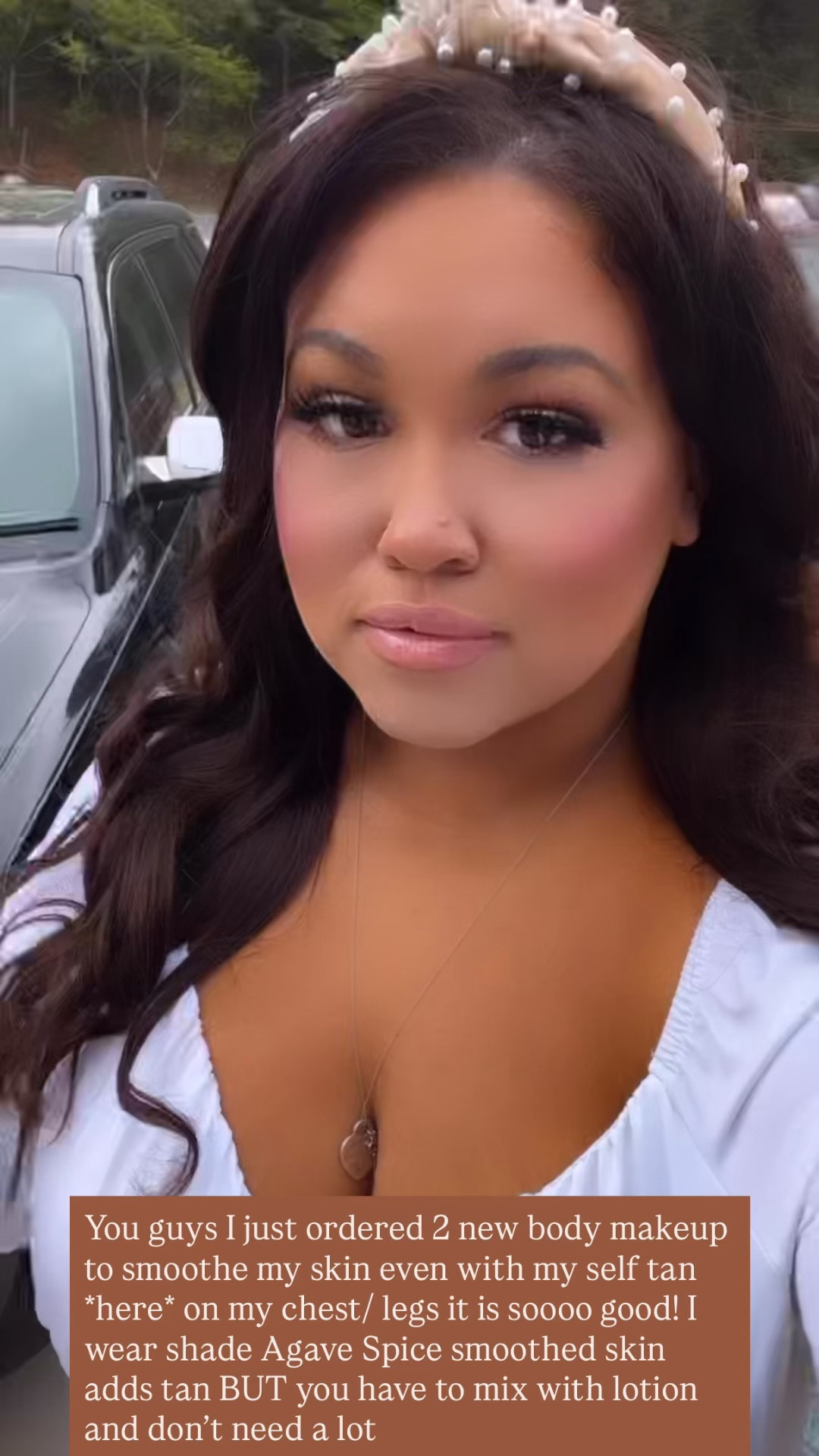 I wear shade Agave Spice this is a body makeup so smooth on the skin can mix with lotion you don’t need a lot - wait 25-30 min to dry before applying clothes- don’t wear white hehe I wore it here but did not transfer as long as it’s dry. Don’t get in pool as it does get messy but great for date night / photos . I love love love it on my chest/ neck & legs just gives that youthful glow makes your skin look so good! 

#LTKTravel #LTKBeauty