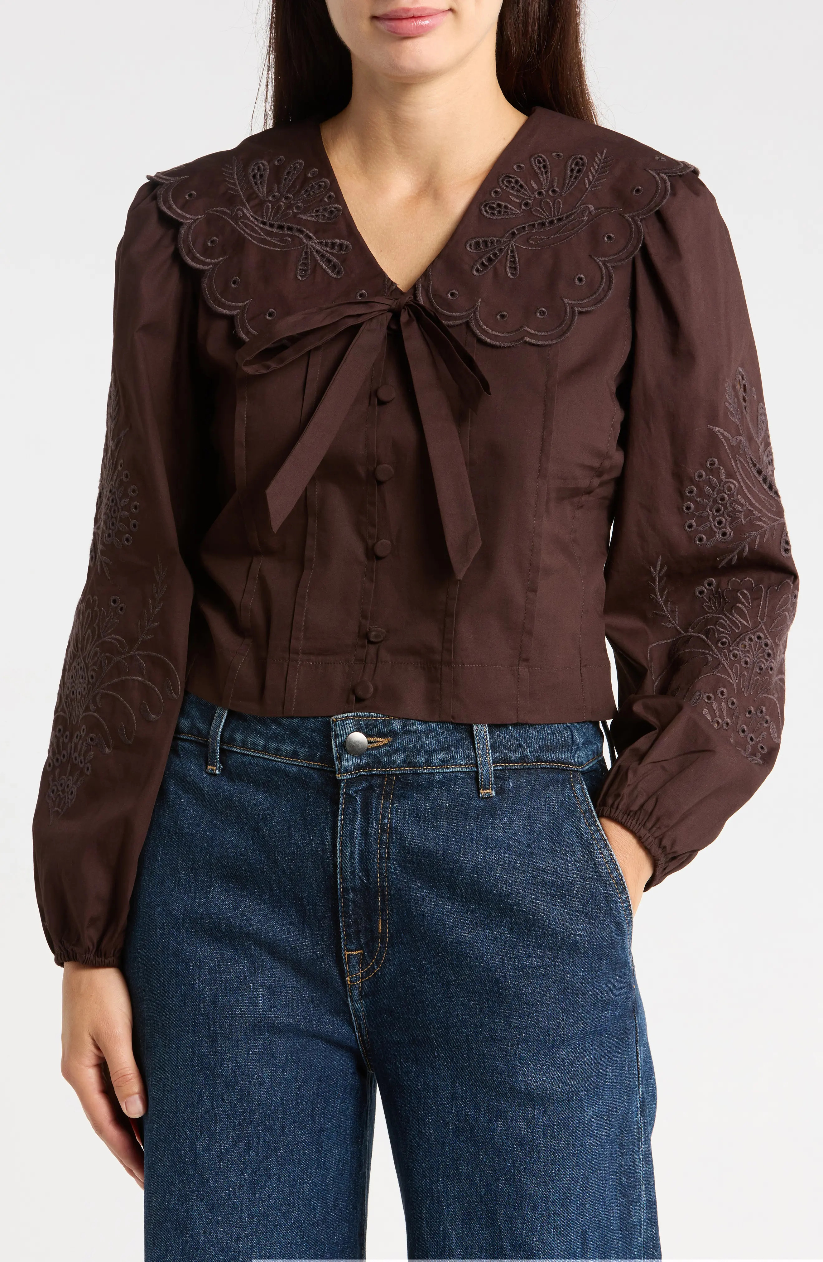 Bagatelle Scalloped Oversized Collar Embroidered Cotton Button-Up Shirt in Brown at Nordstrom Rack, Size Medium | Nordstrom Rack