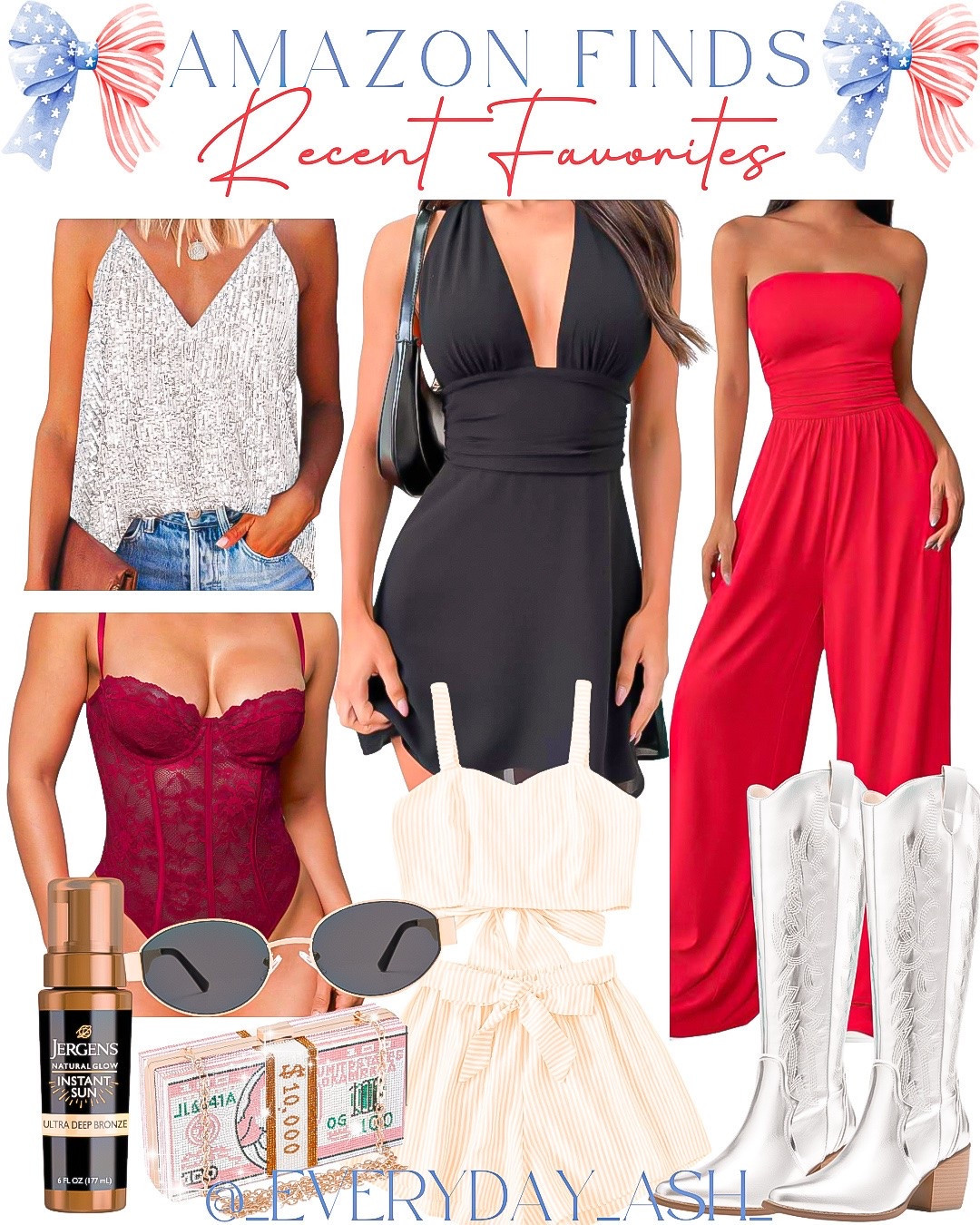 Amazon // recent favorites 💛

Sparkle top, black dress, red jumpsuit, lace bodysuit , two piece set, silver western boots, sunglasses, Vegas outfit