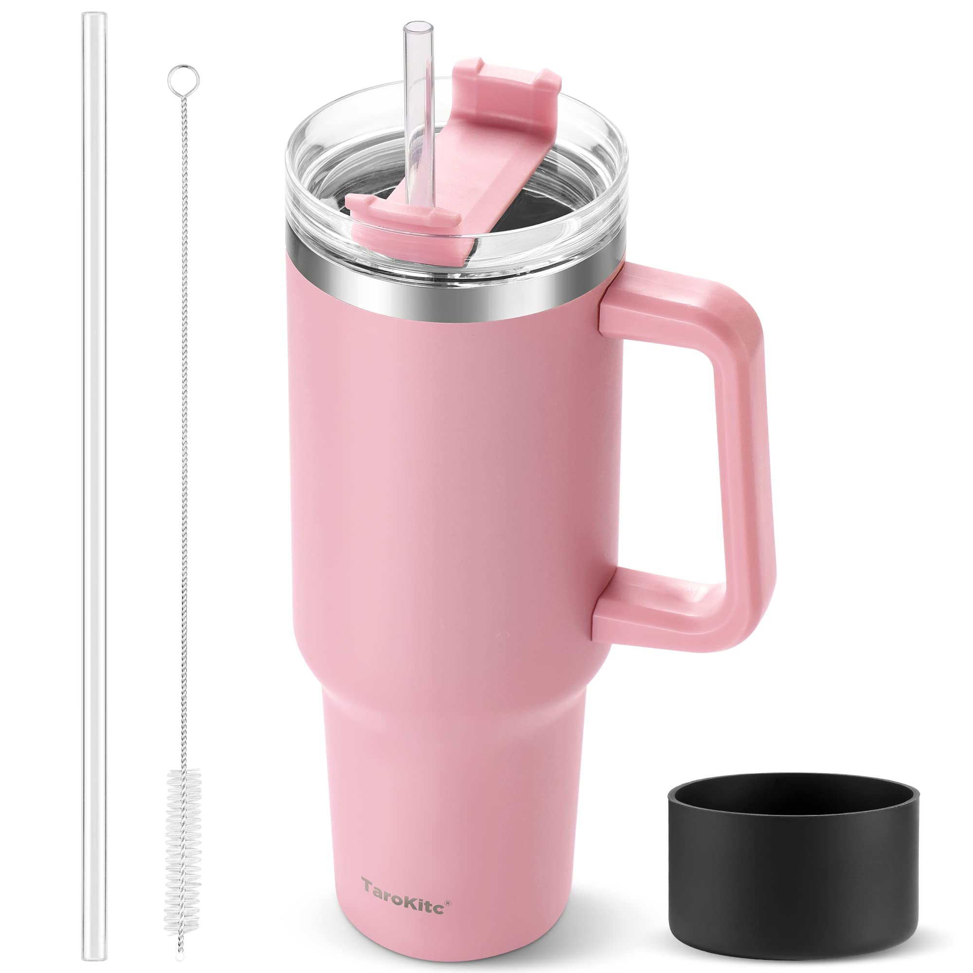 40 oz Tumbler with Handle and Straw, Pink Insulated Travel Mug Iced Coffee Cup, Reusable Stainles... | Amazon (US)