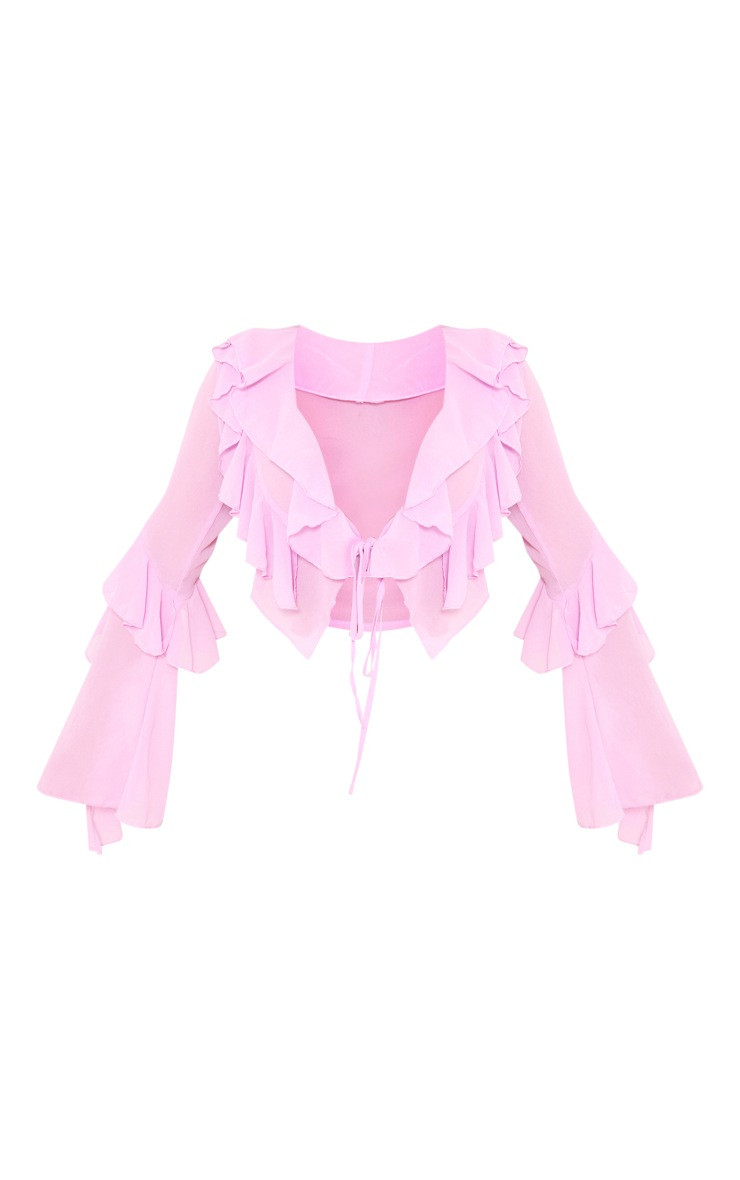 Lilac Extreme Frill Tie Front Flare Sleeve Blouse | PrettyLittleThing US
