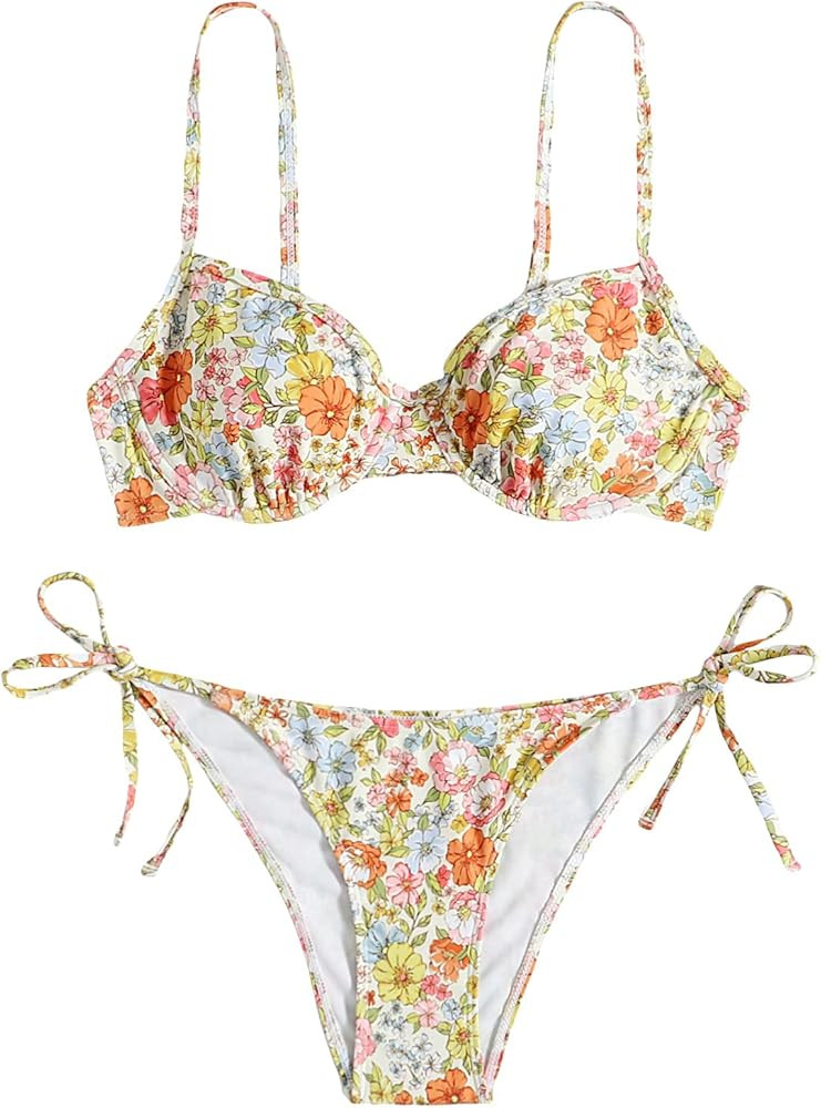 Cozyease Women's 2 Piece Swimsuit Floral Bikini Thong Set Sexy Tie Side Bathing Suits | Amazon (US)
