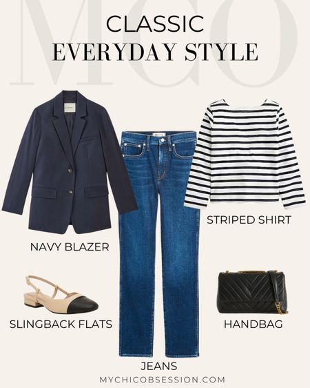 You know that classic, effortlessly chic outfit we all love? I'm talking a navy blazer - because navy goes with everything. A crisp striped shirt to add some preppy vibes. Your fave pair of jeans, obviously. A pair of comfy slingback flats so you can walk all day in style. And let's not forget the quilted handbag to pull it all together. This look just screams casual cool. It's the perfect weekend outfit when you want to look polished but not overdone. Doesn't get much more classic than this!

#LTKSpringSale #LTKstyletip #LTKSeasonal