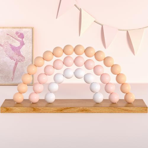 KINMAD Cute Pink Rainbow Baby Girl Room Decoration - Wooden Rainbow Shelfie, Pink and Ivory Wood Bead Nursery Decor for Girls, Boho Standable Kids Nursery Playroom Bedroom Bookshelf Decor | Amazon (US)