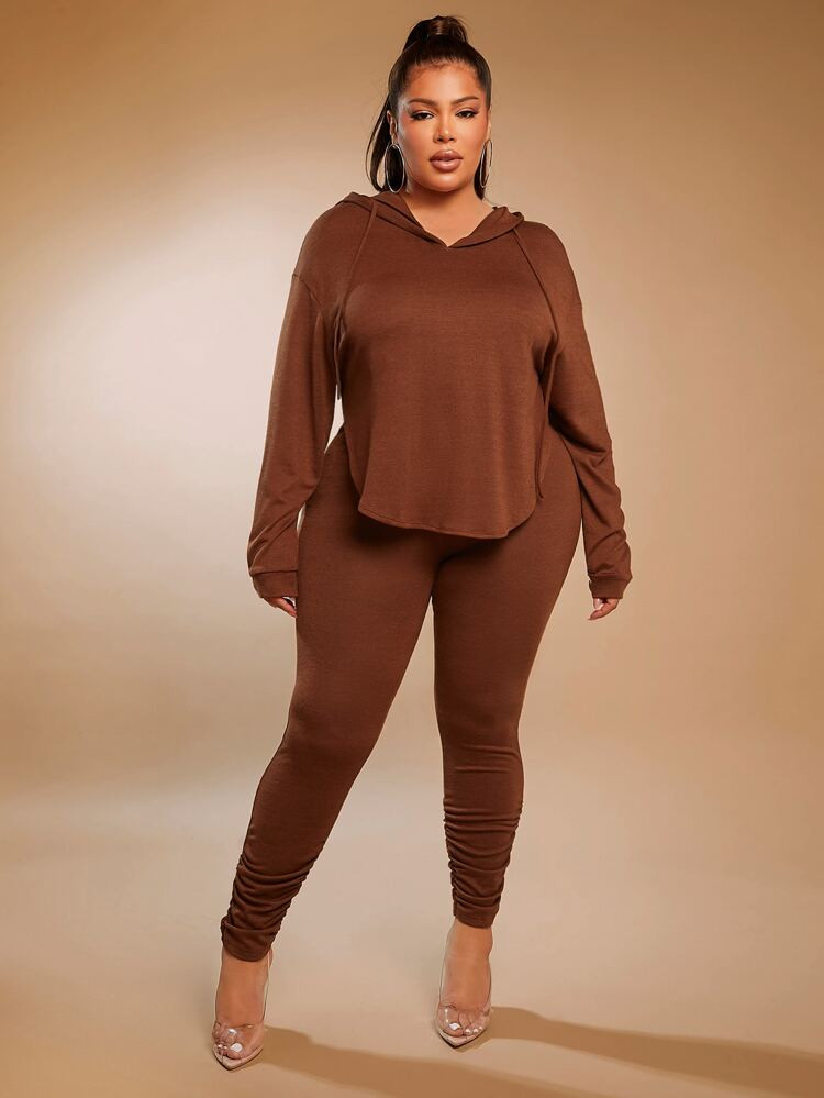 SHEIN SXY Plus Drop Shoulder Curved Hem Hoodie & Stacked Leggings | SHEIN