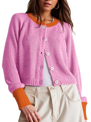 UNCLECAT Women's Cropped Cardigan Sweaters Fall Long Sleeve Open Front Cardigans Button Down Color Block Knit Outwear Coats Pink | Amazon (US)
