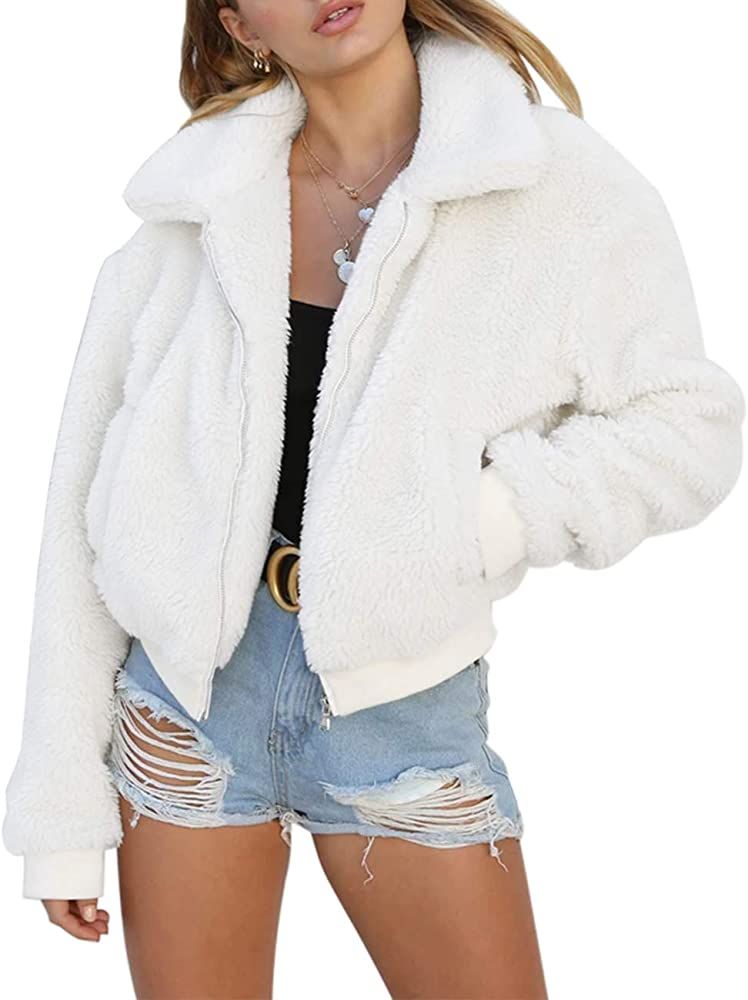 AKEWEI Women's Short Faux Fur Coat Casual Shaggy Jacket with Pockets Warm Winter Zip-Up Fluffy Ou... | Amazon (US)
