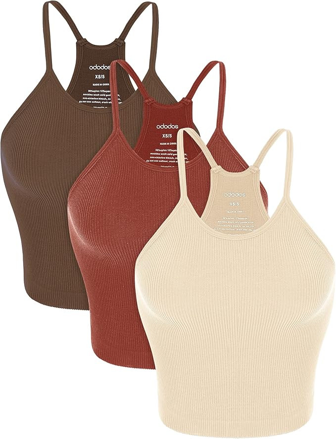 ODODOS Women's Crop 3-Pack Washed Seamless Rib-Knit Camisole Crop Tank Tops | Amazon (US)