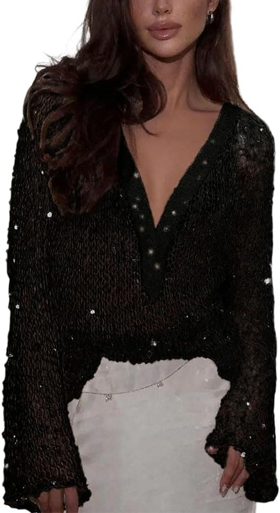 Women Deep V Neck Sequin Crochet Mesh See Through Pullover Tops Shiny Long Sleeve Hollow Out Fish... | Amazon (US)
