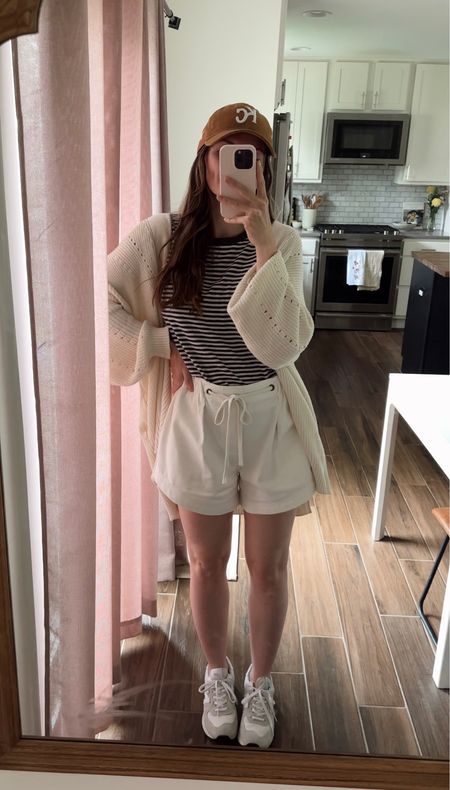 wearing a small in cardigan and xs in shorts, so comfortable and love the tie waist 
Striped tee is old madewell, linked similar 

Spring outfit, mom outfit, summer outfit 

#LTKSeasonal #LTKfindsunder100
