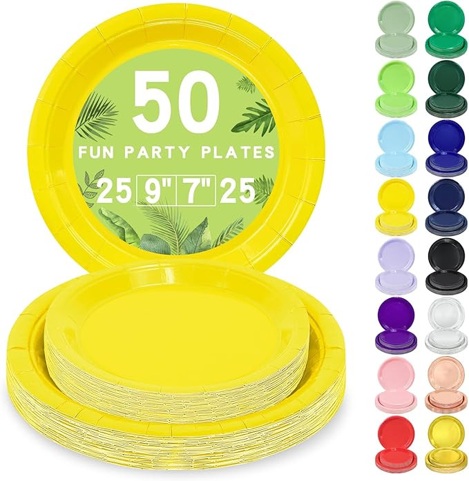 50 Yellow Paper Plates Disposable, 25-9" & 25-7" Disposable Birthday Cake Dessert Plates For Baby... | Amazon (US)