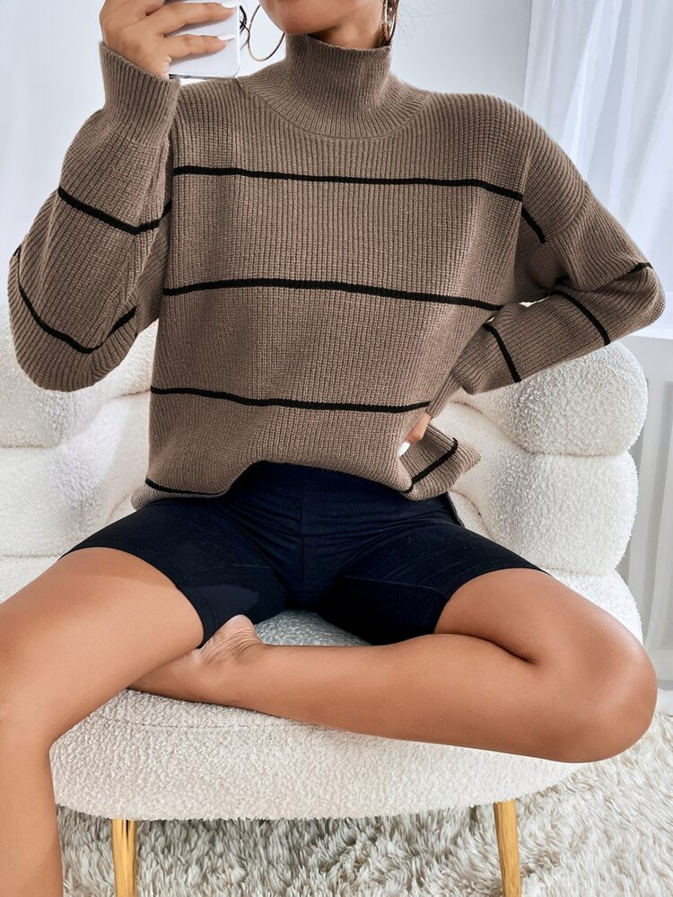 Stripe Pattern High Neck Split Hem Drop Shoulder Sweater | SHEIN
