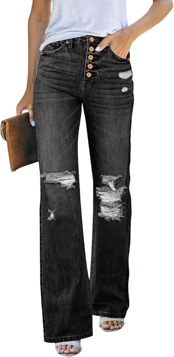 LookbookStore High Waisted Ripped Flare Jeans for Women Distressed Bell Bottom Jeans Wide Leg Pan... | Amazon (US)