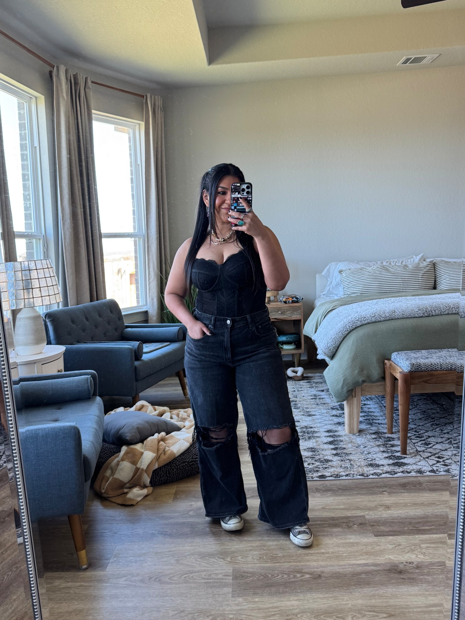 Outfit I wore to a rock concert last night! I’m 5’1” size 12 // CORSET TOP: size large, true to size with great stretch! Not wearing a bra and it has good support and lift. // JEANS: AE Dreamy Drape Stretch size 12. This is an old style so they don’t come distressed anymore, sorry! linking the current version. These are my favorite style of jeans! 

#LTKPetite #LTKMidsize #LTKOver40