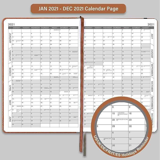 2021 Diary A5 Page a Day - Daily Planner 2021, Day to Page, Jan 2021 - Dec 2021, Leather Hardcove... | Amazon (UK)