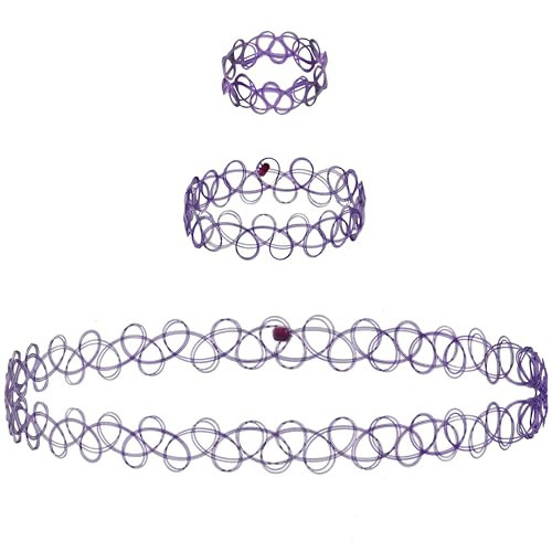 Expressions 3pc Assorted Tattoo Stretch Jewelry Collection - Purple Tattoo Choker Necklace, Bracelet & Ring Set - Stretchy Tattoo Effect Jewelry Accessories For Kids And Adults | Amazon (US)