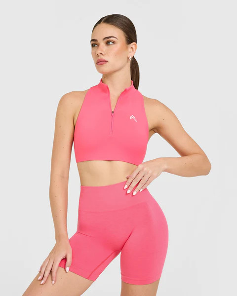 EasyLift™ Zip High Neck Sports Bra with White Logo 
 Hot Girl Pink | Oner Active (UK / US)