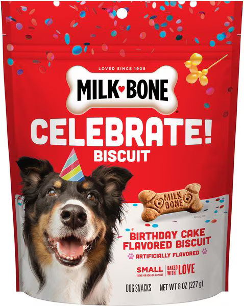 Milk-Bone CELEBRATE Birthday Cake Artificially Flavored Biscuits Small Crunchy Dog Treats, 8-oz b... | Chewy.com