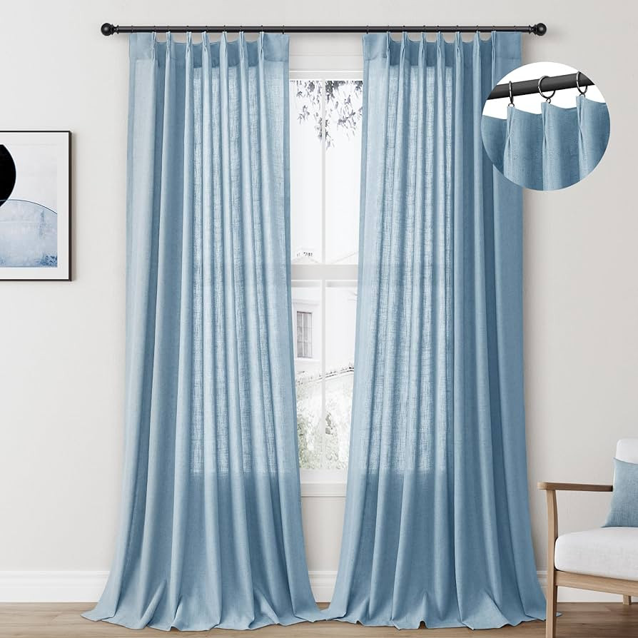 Blue Linen Pinch Pleated Curtains 108 Inches Long with Hooks Back Tab Semi Sheer Light Filtering ... | Amazon (US)
