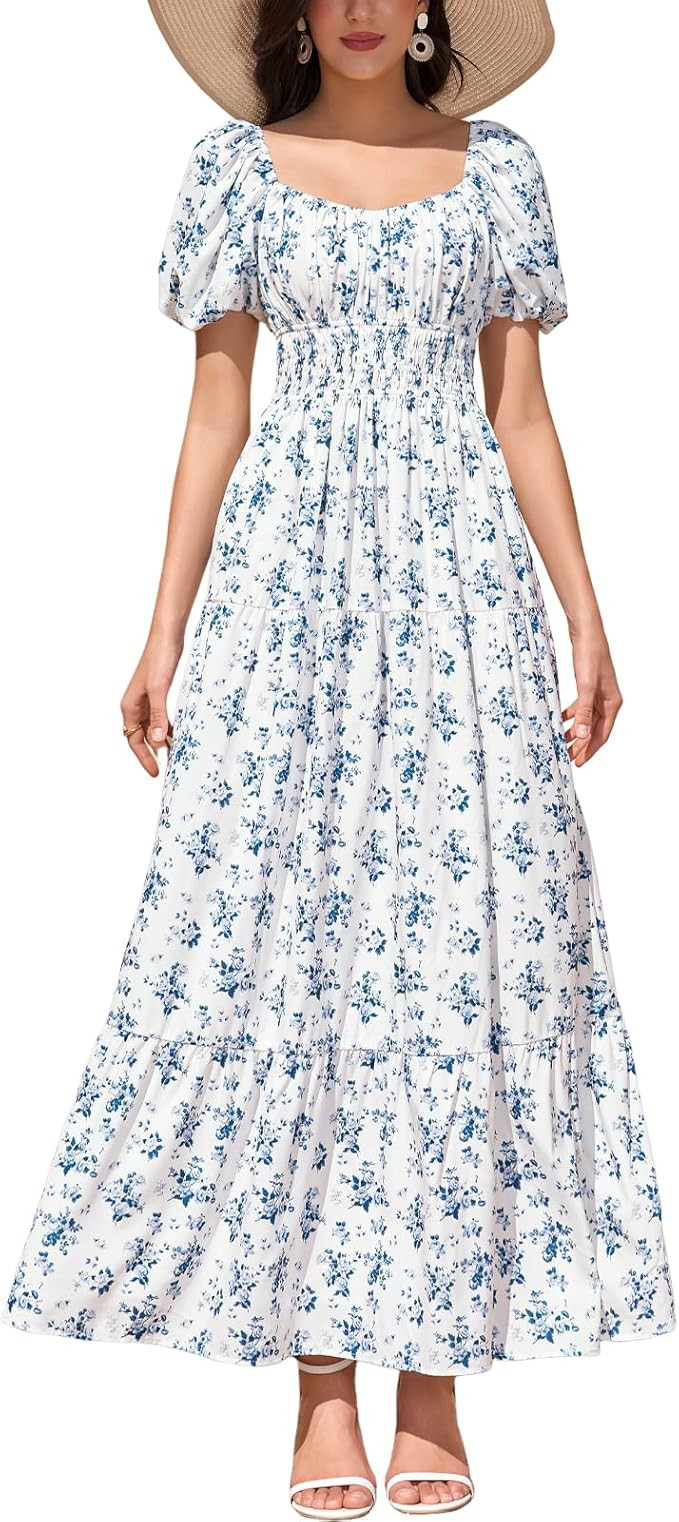 Women Puff Sleeve Wedding Guest Maxi Dress Floral Flowy A Line Tiered Beach Long Dresses | Amazon (US)