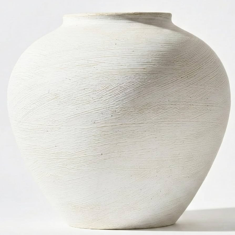 Large White Vase for Centerpieces - 11" Wide Textured Stone Look Metal Flower Vase for Table Deco... | Amazon (US)