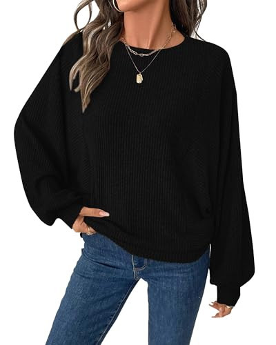 BTFBM Casual Fall Tops for Women 2025 Long Sleeves Solid Shirts Crew Neck Loose Fit Work T Shirt(Black,Large) | Amazon (US)