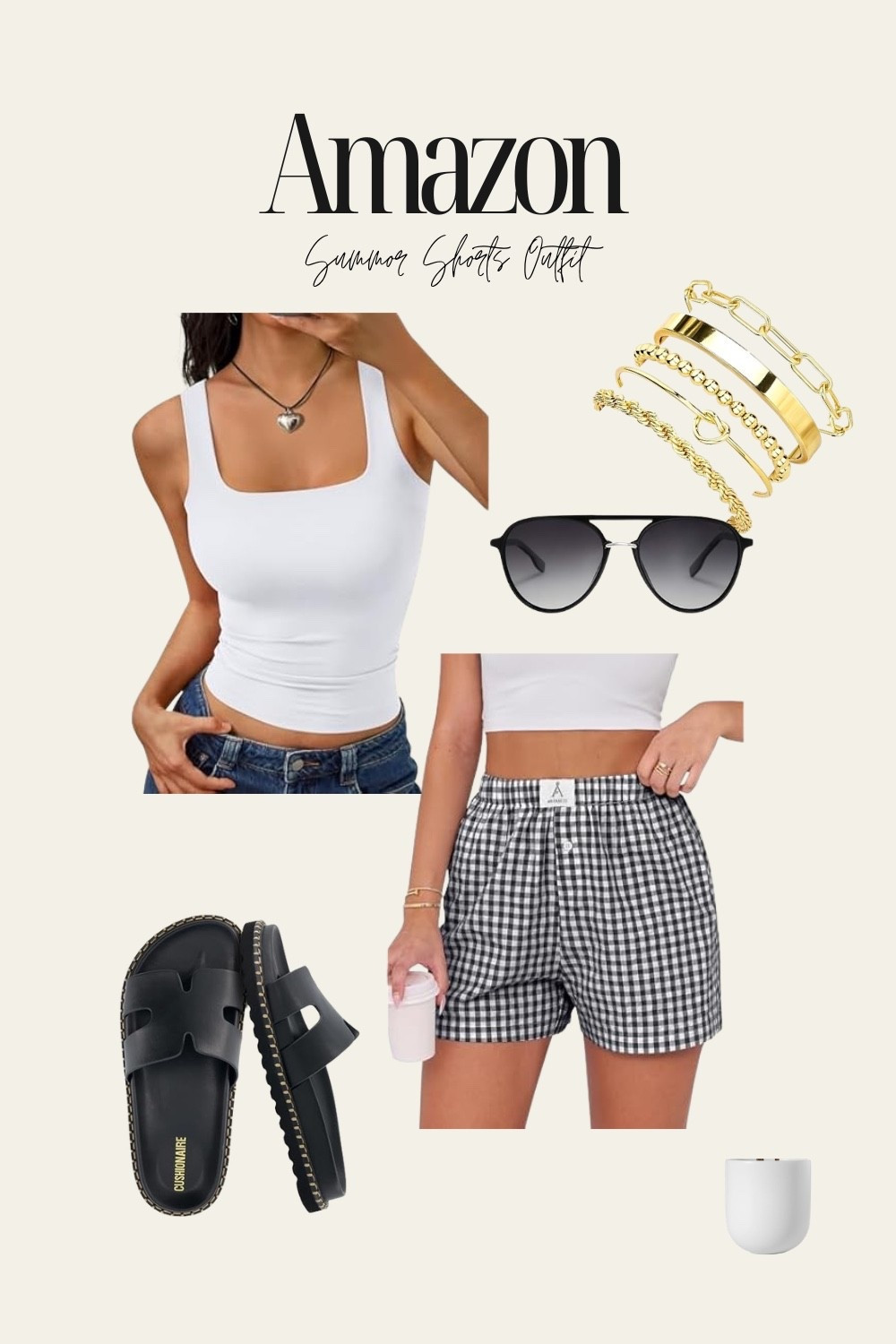Amazon summer shorts outfit I’m loving right now ☀️ This casual look is so easy to throw on and still feels cute and put together. The black and white gingham shorts are perfect for summer, and I love them paired with a fitted white tank, black slide sandals, simple gold jewelry, and classic sunglasses. Easy, comfy, and such a good everyday outfit. #LTKStyle #LTKFinds #LTKSeasonal #AmazonFashion #SummerOutfit #ShortsOutfit #CasualSummerStyle #AmazonFinds #SummerFashion #VacationOutfit #GinghamShorts #SlideSandals #EverydayStyle