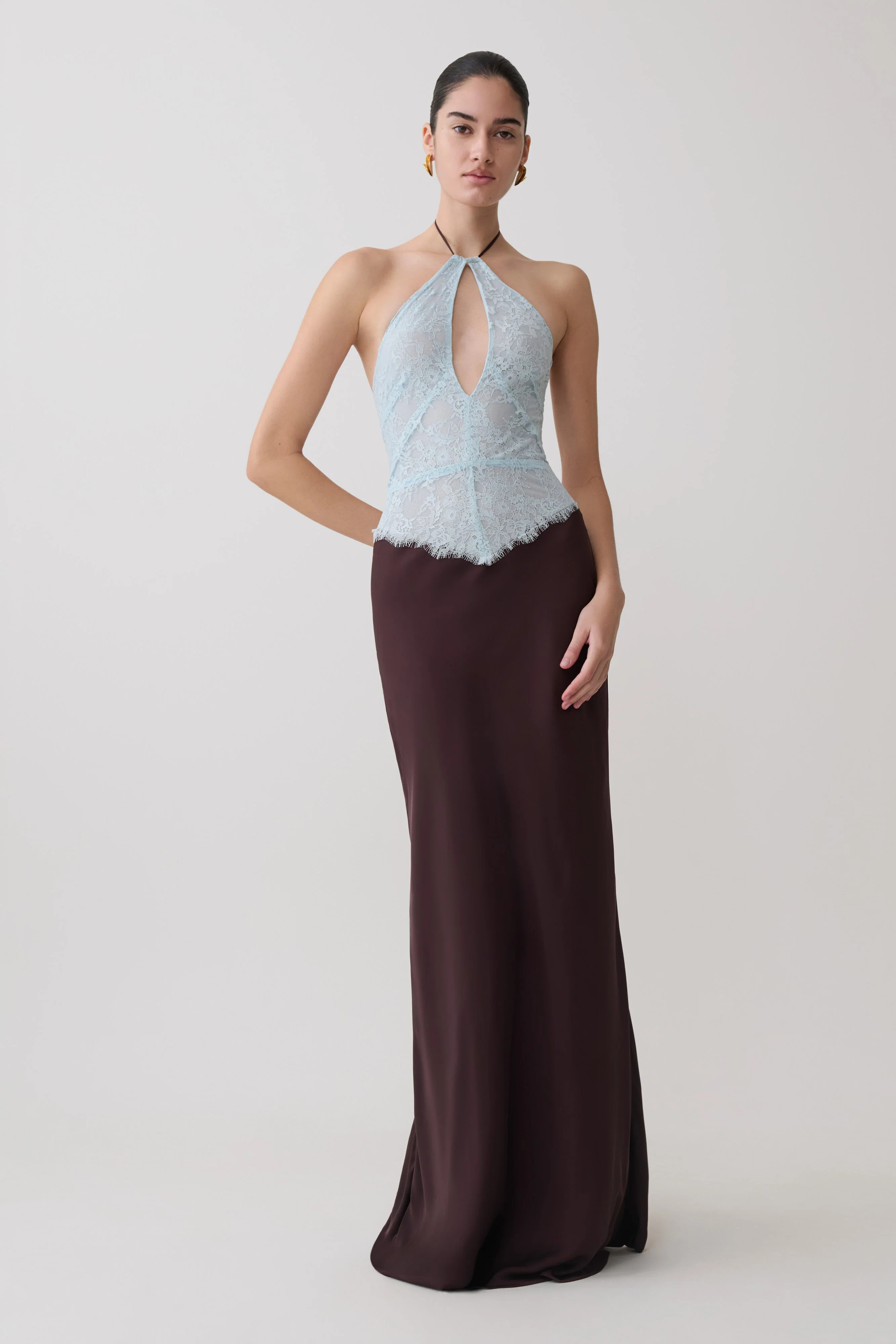 Sascha Lace And Satin Halter Maxi Dress - Ice Blue/Chocolate | MESHKI US
