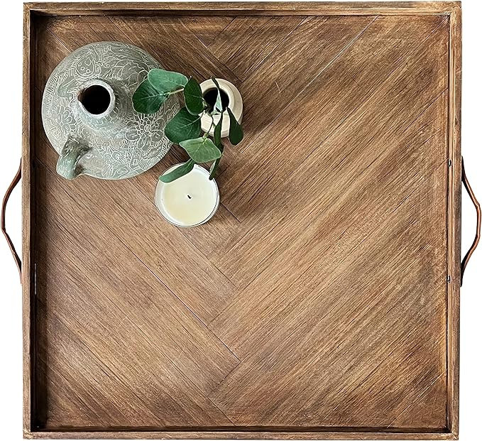 LUIYO Large Ottoman Wood Tray- with Leather Handle Decorative Wooden 24 x 24 x1.5 Inches Square S... | Amazon (US)