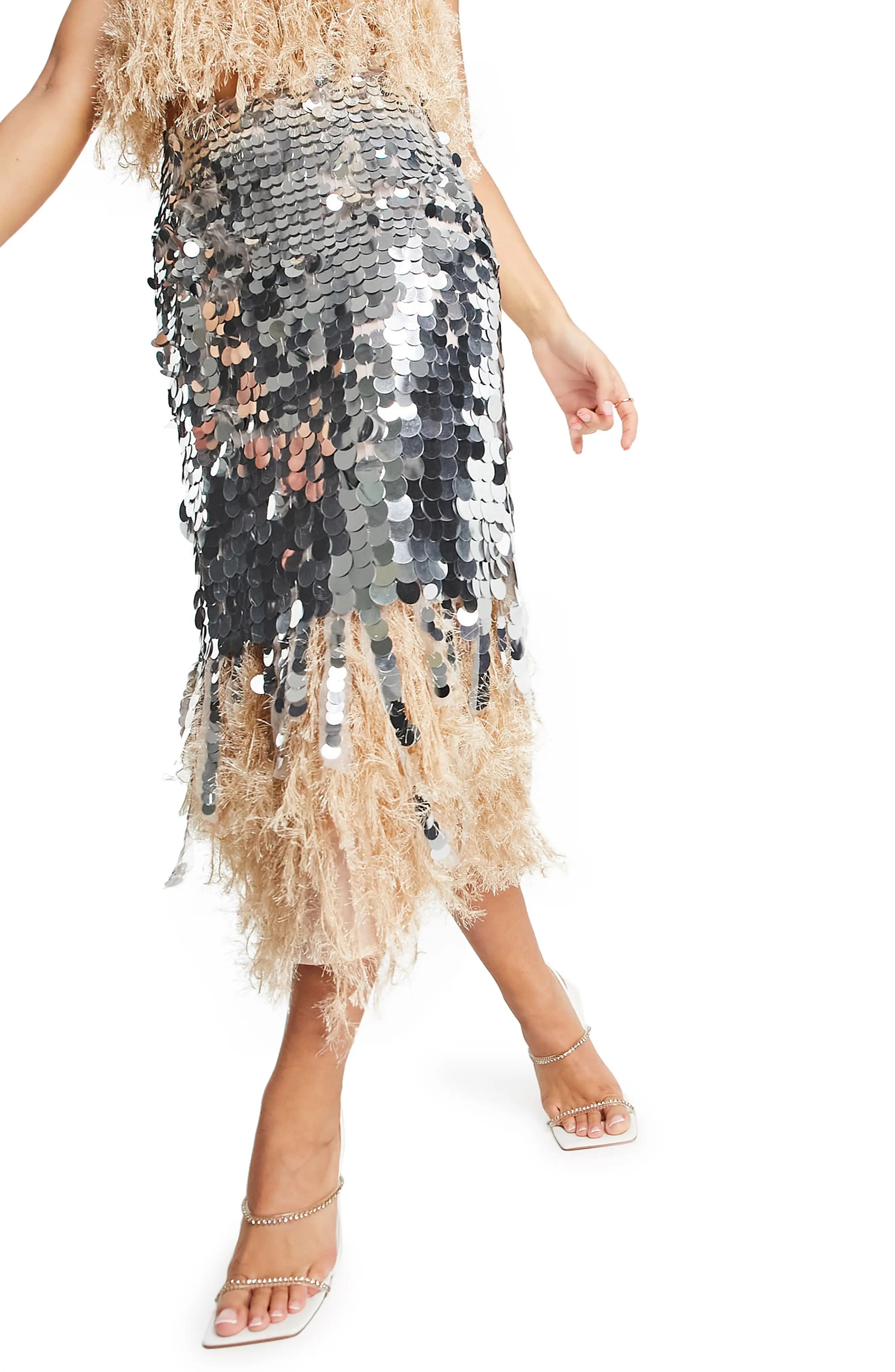 ASOS DESIGN Sequin Fringe Midi Skirt, Size 2 Us in Silver at Nordstrom | Nordstrom