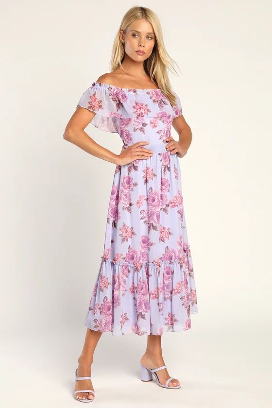 Mimosa Moments Purple Floral Off-The-Shoulder Tiered Midi Dress | Lulus (US)