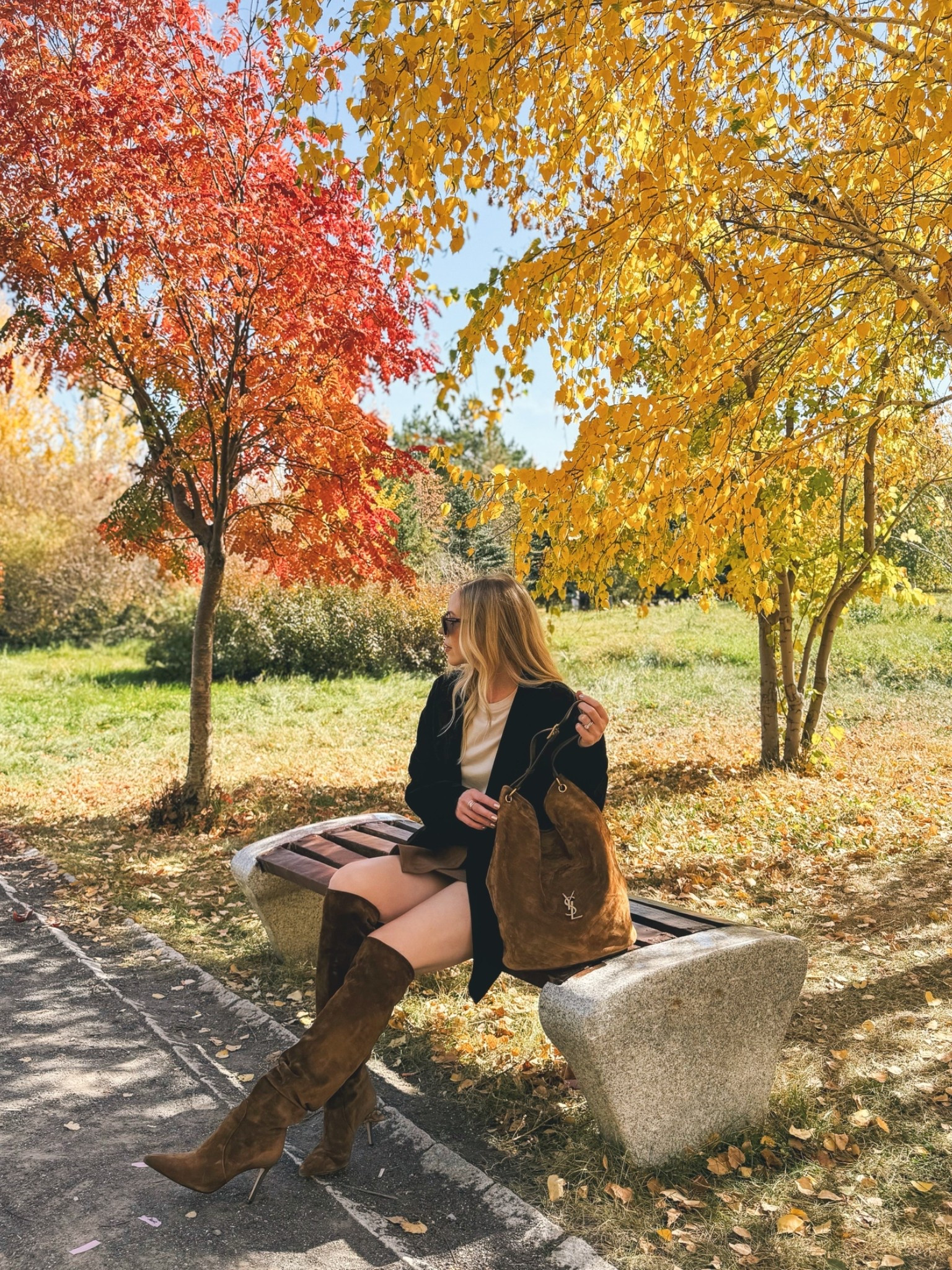 Fall outfit with dark brown suede blazer, suede mini skirt and suede tall boots

#LTKSeasonal #LTKOver40