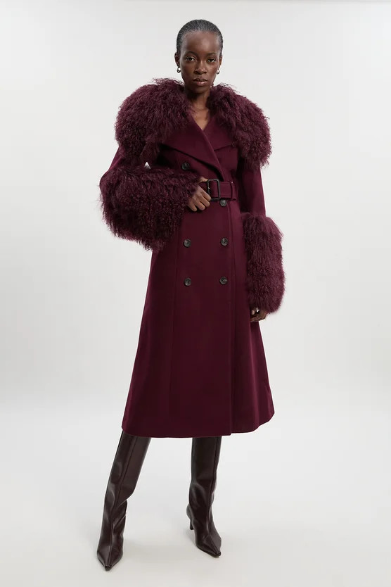 Brushed Wool & Shearling Tailored Double Breasted Belted Midi Coat | Karen Millen UK + IE + DE + NL